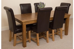 French Chateau Rustic Solid Oak 180cm Dining Table with 8 Washington Dining Chairs [Brown Leather]