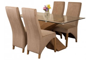Valencia Oak 160cm Wood and Glass Dining Table with 4 Lola Dining Chairs [Beige Fabric]