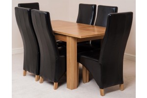 Hampton Solid Oak 120-160cm Extending Dining Table with 6 Lola Dining Chairs [Black Leather]