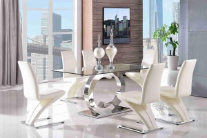 
                                                        Channel Glass and Polished Steel Dining Table with 6 Zed Designer Dining Chairs [Ivory]