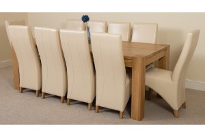 Kuba Solid Oak 220cm Dining Table with 10 Lola Dining Chairs [Ivory Leather]