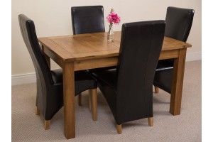 Cotswold Rustic Solid Oak 132cm-198cm Extending Farmhouse Dining Table with 4 Lola Dining Chairs [Black Leather]
