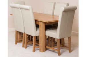 Hampton Solid Oak 120-160cm Extending Dining Table with 6 Washington Dining Chairs [Ivory Leather]