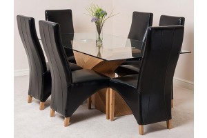 Valencia Oak 200cm Wood and Glass Dining Table with 6 Lola Dining Chairs [Black Leather]