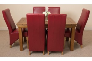 French Chateau Rustic Solid Oak 150cm Dining Table with 6 Lola Dining Chairs [Burgundy Leather]
