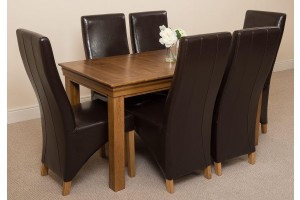 French Chateau Rustic Solid Oak 150cm Dining Table with 6 Lola Dining Chairs [Brown Leather]