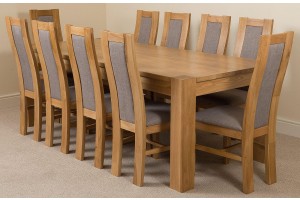 Kuba Solid Oak 220cm Dining Table with 10 Stanford Solid Oak Dining Chairs [Light Oak and Grey Fabric]