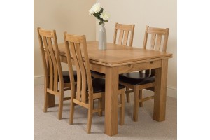 Richmond Solid Oak 140cm-220cm Extending Dining Table with 4 Princeton Solid Oak Dining Chairs [Light Oak and Brown Leather]