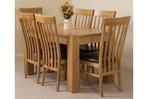 Kuba Solid Oak 125cm Dining Table with 6 Harvard Solid Oak Dining Chairs [Light Oak and Brown Leather]