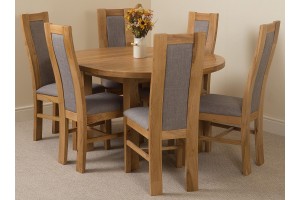 Edmonton Solid Oak Extending Oval Dining Table With  6 Stanford Solid Oak Dining Chairs [Light Oak and Grey Fabric]