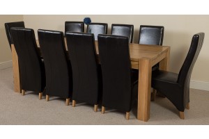 Kuba Solid Oak 220cm Dining Table with 10 Lola Dining Chairs [Black Leather]