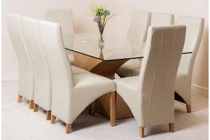 Valencia Oak 200cm Wood and Glass Dining Table with 8 Lola Dining Chairs [Ivory Leather]