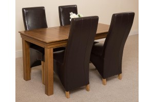 French Chateau Rustic Solid Oak 150cm Dining Table with 4 Lola Dining Chairs [Black Leather]