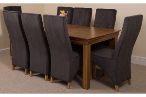 French Chateau Rustic Solid Oak 180cm Dining Table with 8 Lola Dining Chairs [Black Fabric]