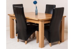 Seattle Solid Oak 150cm-210cm Extending Dining Table with 4 Lola Dining Chairs [Black Leather]