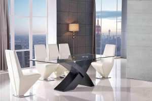 Valencia Black 200cm Wood and Glass Dining Table with 6 Rita Designer Dining Chairs [Ivory]