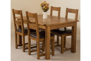 Cotswold Rustic Solid Oak 132cm-198cm Extending Farmhouse Dining Table with 4 Lincoln Solid Oak Dining Chairs [Rustic Oak and Brown Leather]