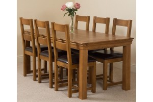 French Chateau Rustic Solid Oak 180cm Dining Table with 6 Lincoln Solid Oak Dining Chairs [Rustic Oak and Brown Leather]
