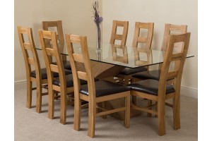 Valencia Oak 200cm Wood and Glass Dining Table with 8 Yale Solid Oak Dining Chairs [Light Oak and Brown Leather]