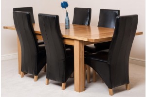 Seattle Solid Oak 150cm-210cm Extending Dining Table with 6 Lola Dining Chairs [Black Leather]