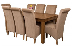 French Chateau Rustic Solid Oak 180cm Dining Table with 8 Montana Dining Chairs [Beige Fabric]