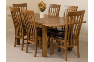 Cotswold Rustic Solid Oak 132cm-198cm Extending Farmhouse Dining Table with 6 Harvard Dining Chairs [Rustic Oak and Brown Leather]