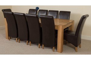Kuba Solid Oak 220cm Dining Table with 10 Montana Dining Chairs [Brown Leather]