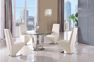 Naples Glass and Polished Steel Dining Table with 4 Rita Designer Dining Chairs [Ivory]