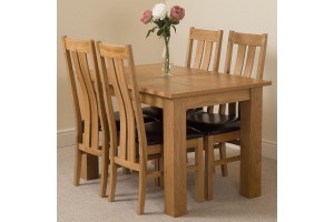 Hampton Solid Oak 120-160cm Extending Dining Table with 4 Princeton Solid Oak Dining Chairs [Light Oak and Brown Leather]