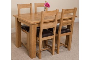 Hampton Solid Oak 120-160cm Extending Dining Table with 4 Lincoln Solid Oak Dining Chairs [Light Oak and Brown Leather]