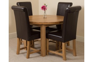 Edmonton Solid Oak Extending Oval Dining Table With 4 Washington Dining Chairs [Brown Leather]
