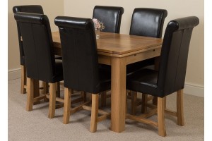 Richmond Solid Oak 140cm-220cm Extending Dining Table with 6 Washington Dining Chairs [Black Leather]