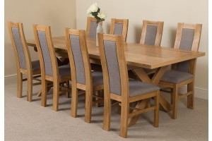 Vermont Solid Oak 200cm-240cm Crossed Leg Extending Dining Table with 8 Stanford Solid Oak Dining Chairs [Light Oak and Grey Fabric]