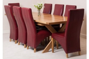 Vermont Solid Oak 200cm-240cm Crossed Leg Extending Dining Table with 8 Lola Dining Chairs [Burgundy Leather]