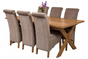 Vermont Solid Oak 200cm-240cm Crossed Leg Extending Dining Table with 6 Montana Dining Chairs [Grey Fabric]