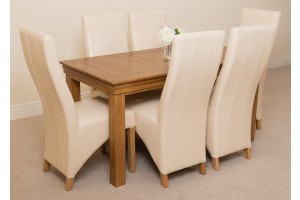 French Chateau Rustic Solid Oak 150cm Dining Table with 6 Lola Dining Chairs [Ivory Leather]