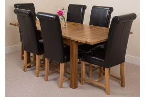Cotswold Rustic Solid Oak 132cm-198cm Extending Farmhouse Dining Table with 6 Washington Dining Chairs [Black Leather]