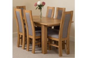 Hampton Solid Oak 120-160cm Extending Dining Table with 6 Stanford Solid Oak Dining Chairs [Light Oak and Grey Fabric]