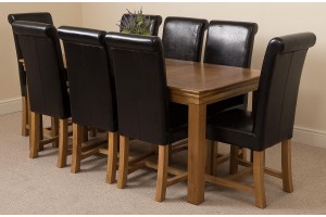 French Chateau Rustic Solid Oak 180cm Dining Table with 8 Washington Dining Chairs [Black Leather]