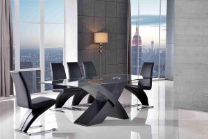 Valencia Black 200cm Wood and Glass Dining Table with 8 Zed Designer Dining Chairs [Black]