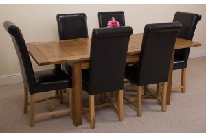 Cotswold Rustic Solid Oak 132cm-198cm Extending Farmhouse Dining Table with 6 Washington Dining Chairs [Burgundy Leather]