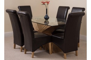 Valencia Oak 160cm Wood and Glass Dining Table with 6 Montana Dining Chairs [Brown Leather]