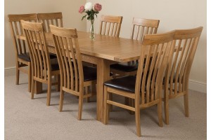 Seattle Solid Oak 150cm-210cm Extending Dining Table with 8 Harvard Solid Oak Dining Chairs [Light Oak and Brown Leather]
