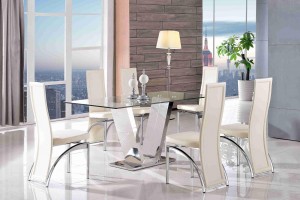 Valentino Glass and Steel Designer Dining Table with 4 Alisa Dining Chair [Ivory]