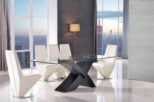 Valencia Black 200cm Wood and Glass Dining Table with 8 Rita Designer Dining Chairs [Ivory]