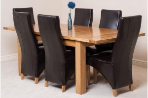Seattle Solid Oak 150cm-210cm Extending Dining Table with 6 Lola Dining Chairs [Brown Leather]
