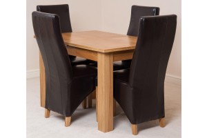 Hampton Solid Oak 120-160cm Extending Dining Table with 4 Lola Dining Chairs [Brown Leather]