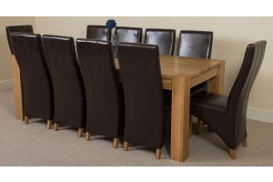 Kuba Solid Oak 220cm Dining Table with 10 Lola Dining Chairs [Brown Leather]