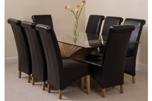Valencia Oak 200cm Wood and Glass Dining Table with 8 Montana Dining Chairs [Black Leather]