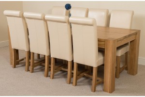 Kuba Solid Oak 220cm Dining Table with 8 Washington Dining Chairs [Ivory Leather]